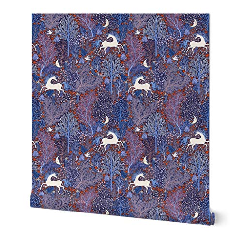 Peel & Stick Wallpaper Swatch - Unicorns Forest Flowers Floral Unicorn Horses Scandinavian Folk Custom Removable Wallpaper by Spoonflower