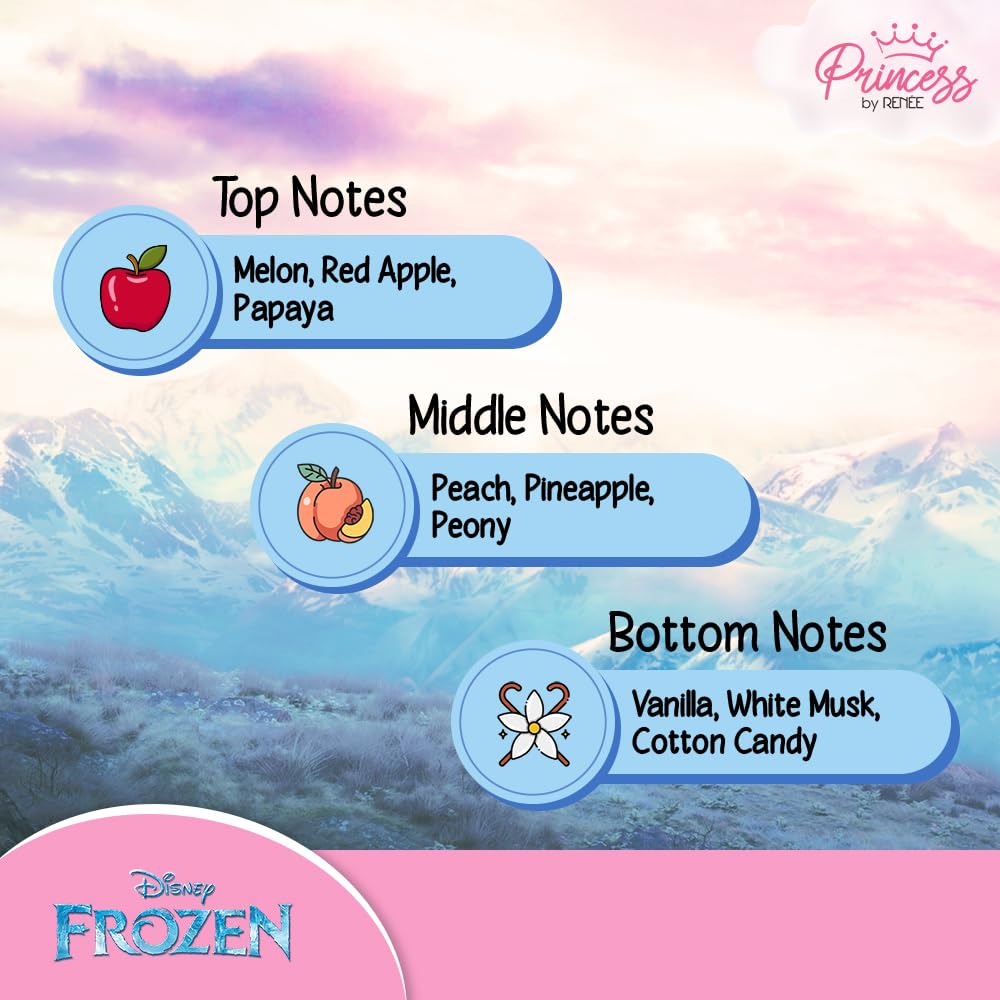 Princess by RENEE Disney Frozen Elsa Fragrance Mist for Pre-Teens, Long Lasting Scent with Fruity & Floral Notes of Melon, Peach & Pineapple, Vanilla & White Musk, Dermatologically Tested, Vegan, Cruelty-Free 30ml 1