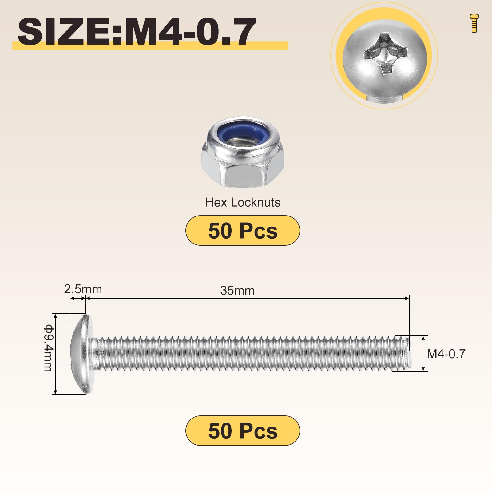 METALLIXITY Machine Screws Phillips Head(M4-0.7x35mm) 100Pcs with Hex Locknuts - Image 2