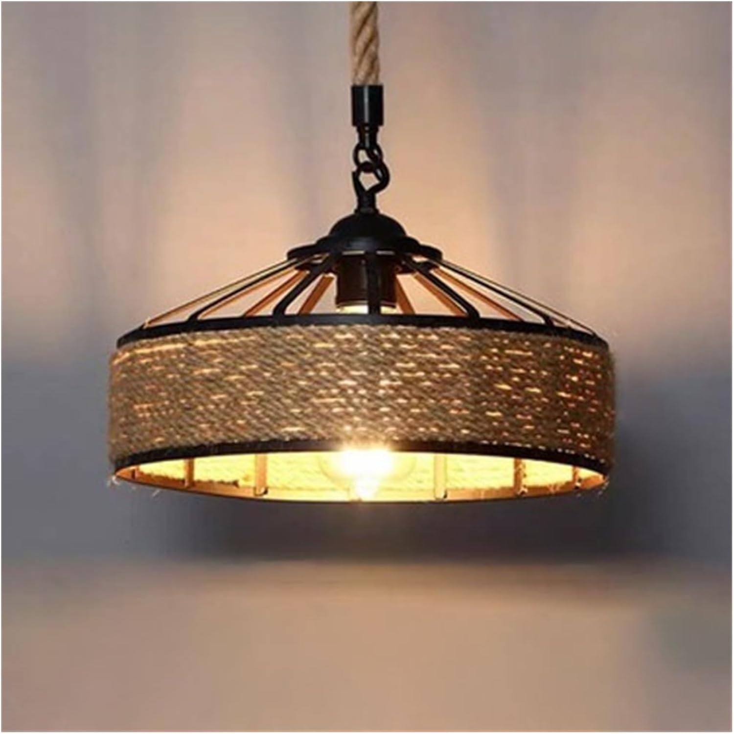LYMSXAZOU Boho Farmhouse Ceiling Mount,Retro Industrial Style Rustic MI-NI Hemp Rope Chandelier Hand-Woven Rattan Lamp,Hanging Light