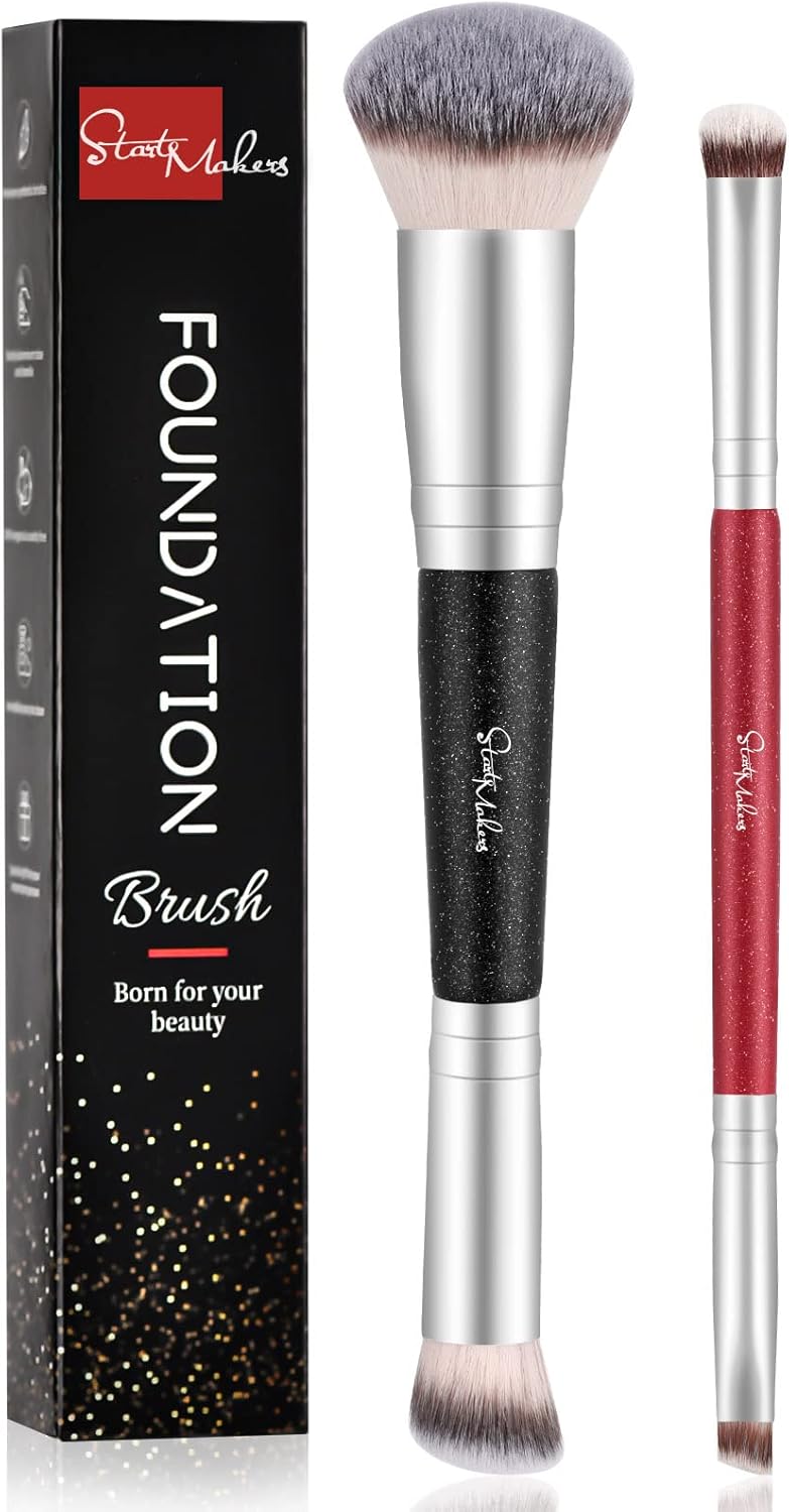 Juego de brochas de maquillaje para base de maquillaje – START MAKERS 2 brochas de cara premium para polvos, colorete, corrector, contorno, sombra de ojos, cejas,