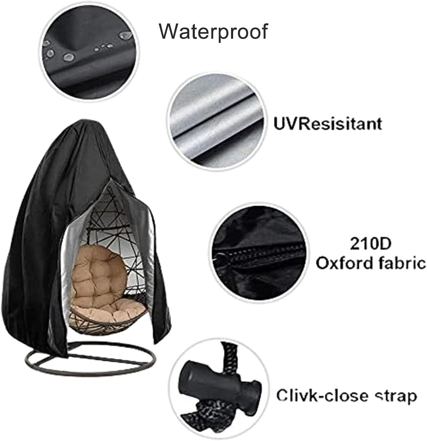 Egg Chair Cover Waterproof Patio Hanging Chair Cover with Zipper, Outdoor Heavy Duty Garden Furniture Protector for Outdoor Egg Chair, Swing Chair, Rattan Furniture(Gray,230 * 200CM)