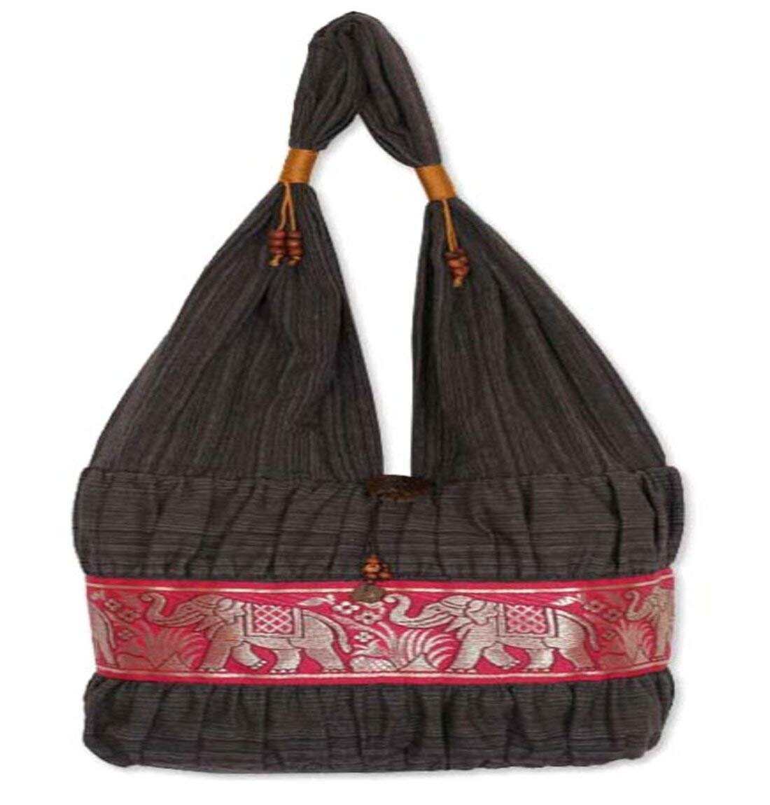 NOVICAArtisan Handmade Cotton Shoulder Bag Grey Coconut Shell Handbags Pink Patterned Thailand Animal Themed Elephant ' Scarlet Thai'