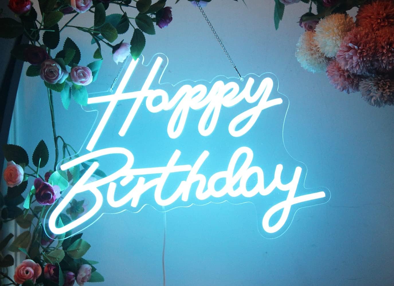 LED Neon Happy Birthday Sign Night Light Birthday Party Decorations Ice Blue USB Operated Decorative for Backdrop Party Bedroom Wall Décor 5v