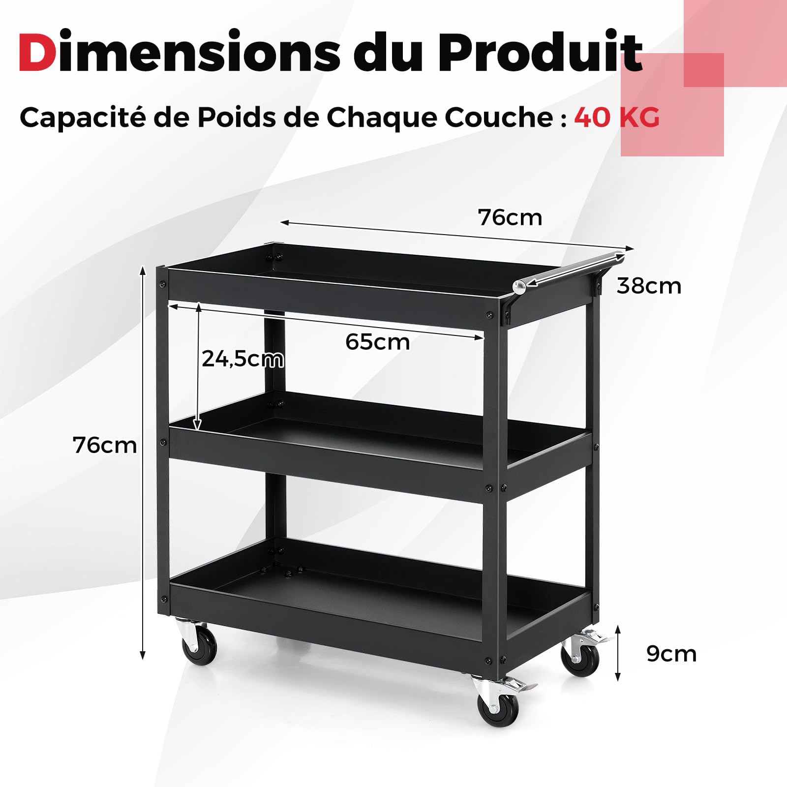 GYMAX Chariot à Outils d'Atelier 3 Niveaux, Chariot de Service en Métal, 4 Roues Universelles dont 2 avec Freins, Charge 120KG, Organisateur de Rangement Mobile, pour Maison, Cuisine, Entrepôt, Garage