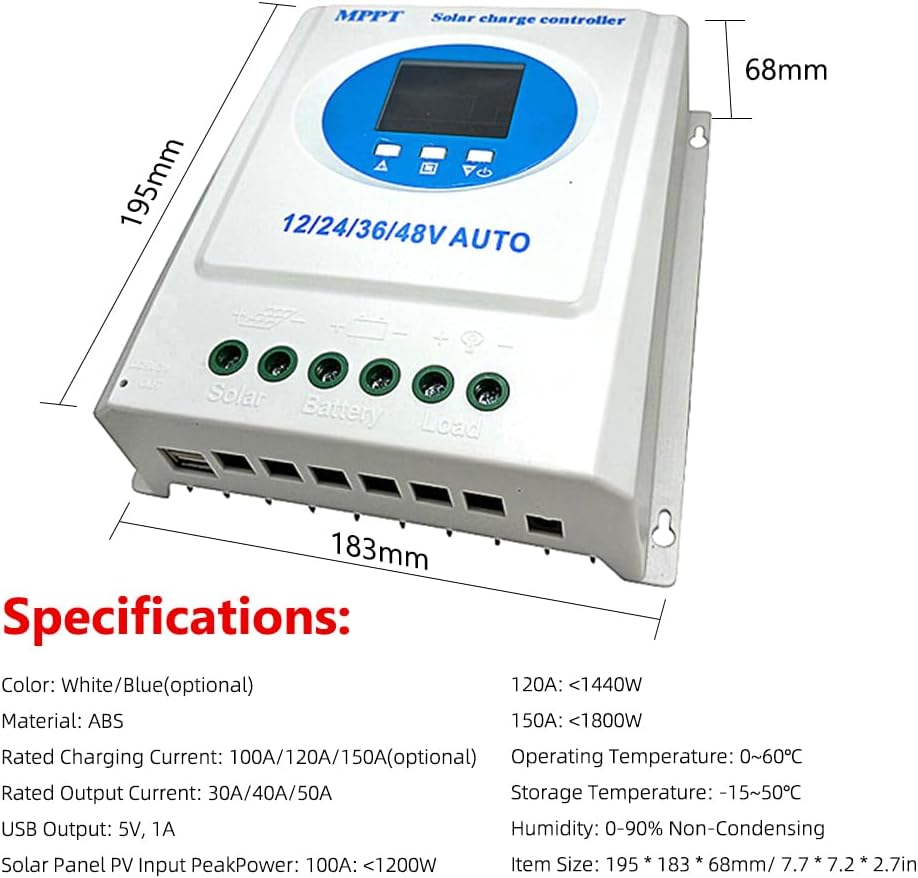 Specifications diagram showing dimensions and key electrical parameters