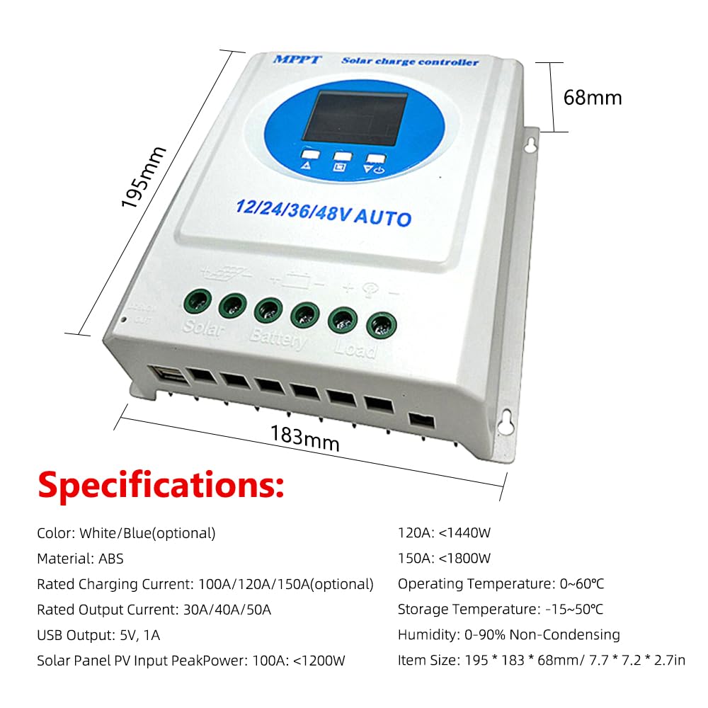 Controlador de carga solar MPPT 150 A 12 V 24 V 36 V 48 V Pantalla LCD Regulador inteligente de la batería con doble salida USB para batería de litio