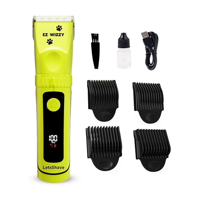 LetsShave EZ-WIZZY Pet Trimmer Plus for Dogs & Cats | Quiet Grooming Clippers | Ceramic Blades | 5-Level Adjustable Blade + 4 Combs | Cordless & Corded | 180 Min Runtime | LED Display | USB-C Charging