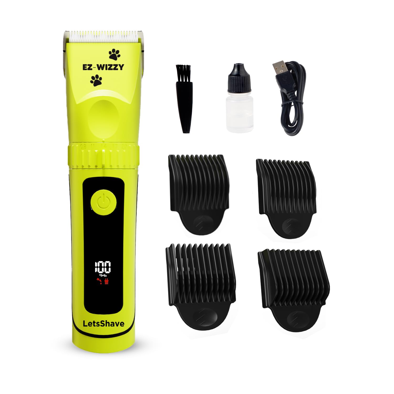 LetsShave EZ-WIZZY Pet Trimmer Plus for Dogs & Cats | Quiet Grooming Clippers | Ceramic Blades | 5-Level Adjustable Blade + 4 Combs | Cordless & Corded | 180 Min Runtime | LED Display | USB-C Charging