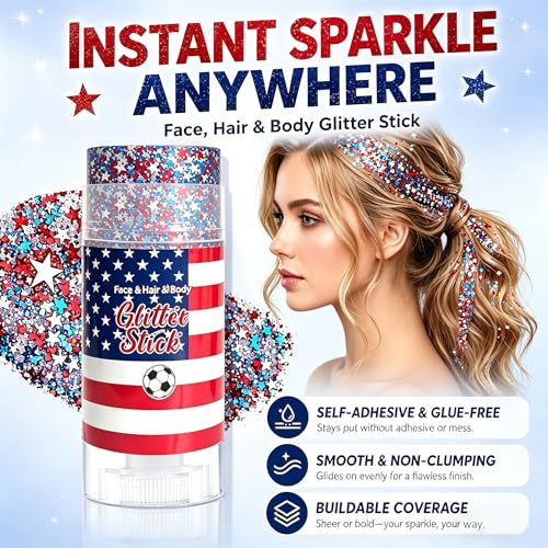 4th of July Glitter Stick, Patriotic Face & Body Glitter Stick, Red White and Blue Glitter Stick, 4th of July Outfits for Women, Waterproof Glitter Makeup for 250th Anniversary of Independence Day — view 6