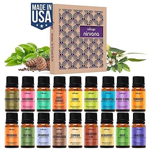 Natrogix Nirvana Essential Oils - Top 18 Essential Oil Set 100% Pure Therapeutic Grade 18/10ml Incl. Lavender, Moroccan Rosemary, Tea Tree, Eucalyptus, Lemongrass and 13 More w/Free E-Book (18/10ml)