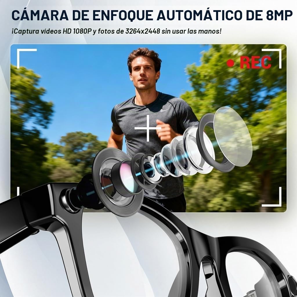 Gafas con Cámara HD, 8MP 1080P Gafas Inteligentes con IA, Procesador de Doble Núcleo con Asistente IA para Traducción en Tiempo Real, 410 mAh Que Ofrece hasta 16 Horas de Autonomía Gafas Inteligentes