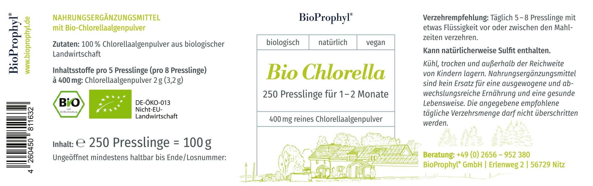 BIO Chlorella 500-400 mg Chlorella Algenpulver aus kontrolliert biologischem Anbau - 500 Presslinge als Zwei-Monatsration
