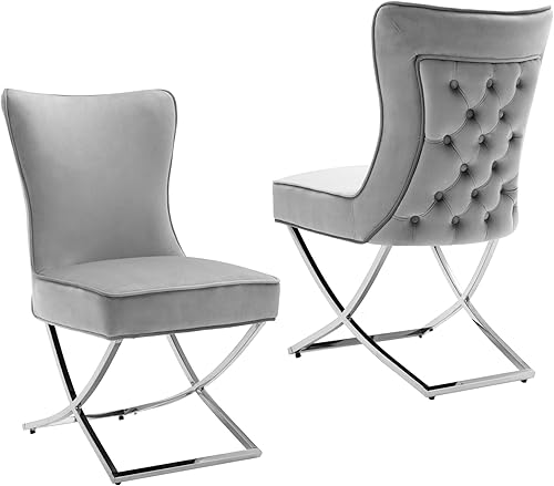 FOREDO Juego de 2 sillas de comedor modernas de terciopelo con patas de acero inoxidable cómodas sillas de comedor tapizadas reales con botones en