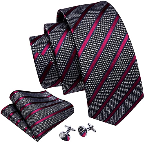 Image of Barry.Wang Tie Sets for Men Silk Stripe Necktie Woven Checkered Handkerchief Cufflinks Formal Business Wedding