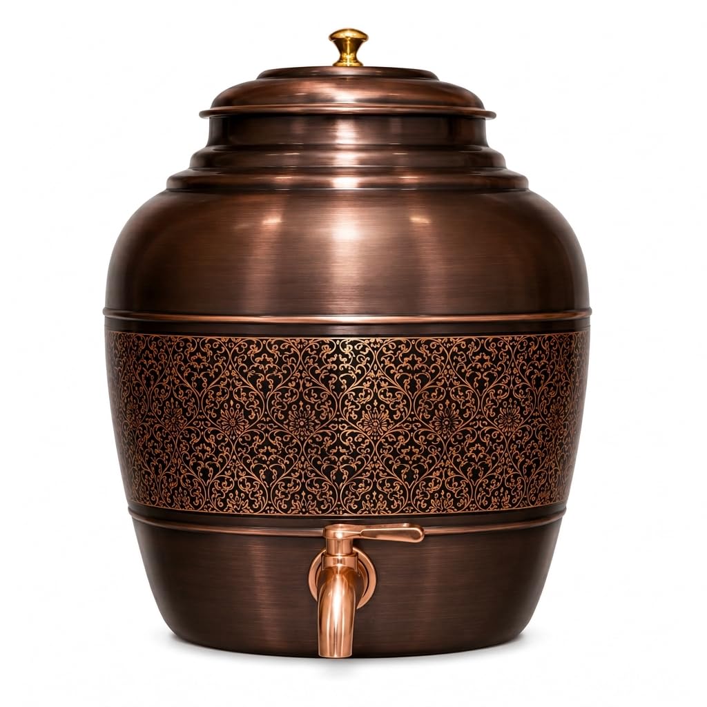 copper water dispenser 10 l kohinoor dispenser, handmade decorative copper matka for home kitchen dining table, storage dispenser with tap, traditional indian drinkware