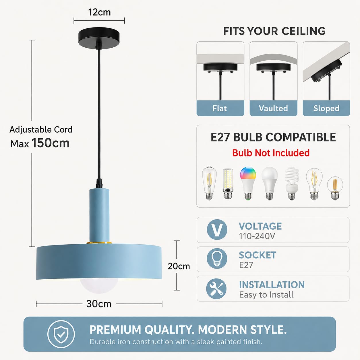 Suspension Luminaire Moderne en Métal de 30cm, Coloré Rond Lustre Suspendue E27 Lampe au Plafond pour Salon,Cuisine, Salle à Manger, Pub et Café (Bleu)