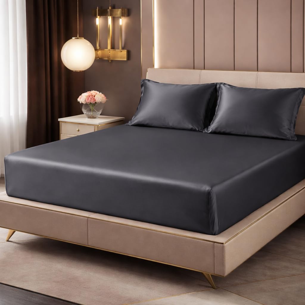 DECORUM Satin Fitted Bedsheet King Size 72x78x10 Inches Charcoal Black - Image 1