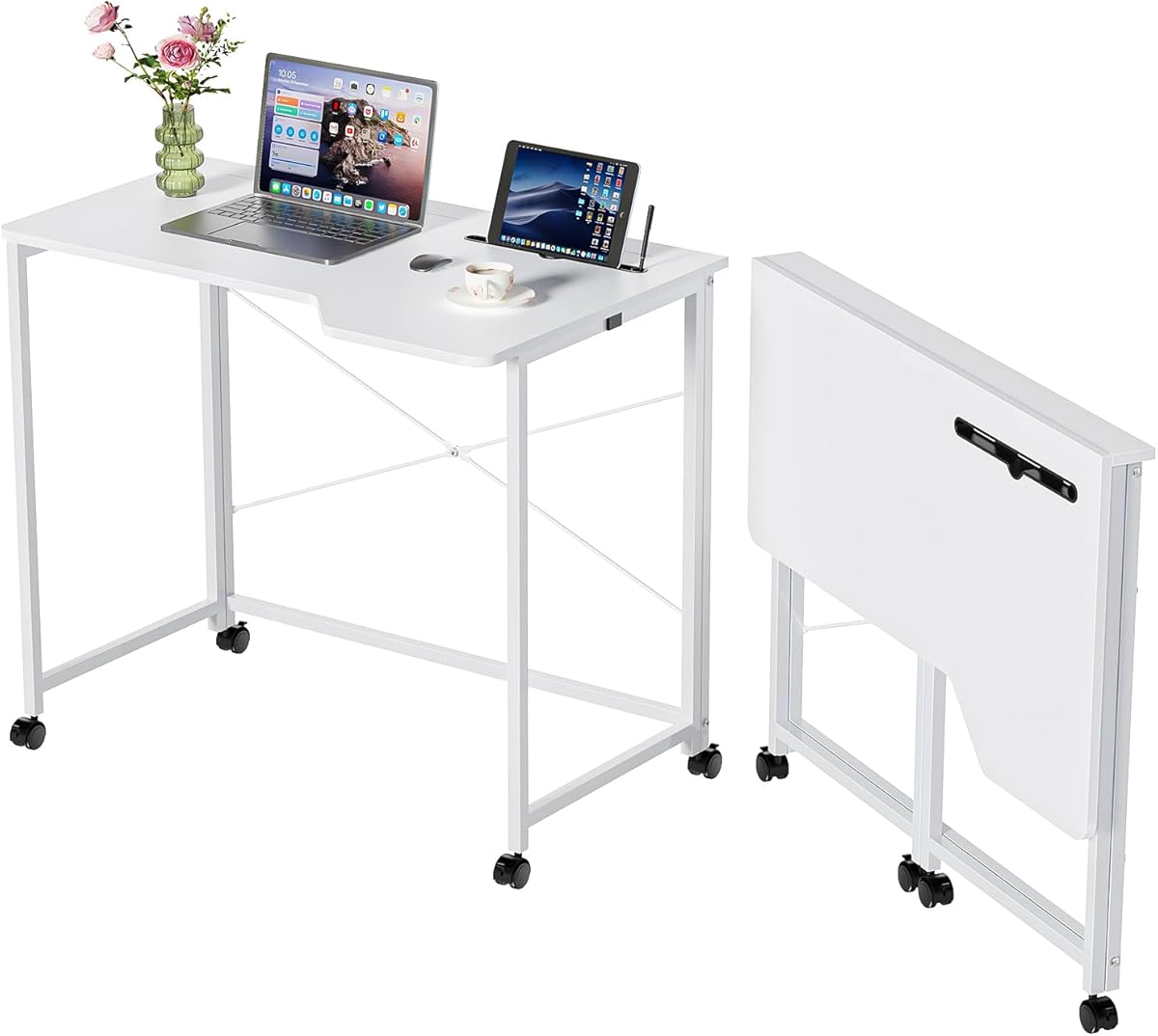 Schreibtisch Klappbar, Weiß Schreibtisch Klappcomputer mit Rollen, Portable Schreibtische Klappbar, Faltbar Schreibtisch für Home Office, Platzsparender Bürotisch zum für Arbeitszimmer