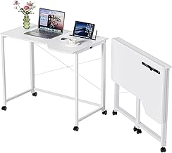 PIPIPOXER 90x56x75cm Table de Bureau Pliante avec Roulante Verrouillable, Bureau d'Ordinateur Pliable, Table de Bureau avec Fente pour Pad, Cadre en Métal,Bureau Pliant pour Étudier, Imperméable,Blanc