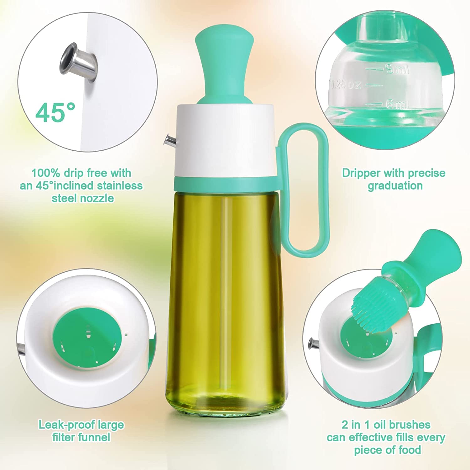 ZASAMIBA 550ml 3 in 1 Oil Dispenser Bottle for Kitchen - Olive Oil Dispenser  With Brush - Olive Oil Bottle Drizzler, Glass Oil Bottles For Kitchen, Air  Fryer, Cooking, BBQ (Green) :