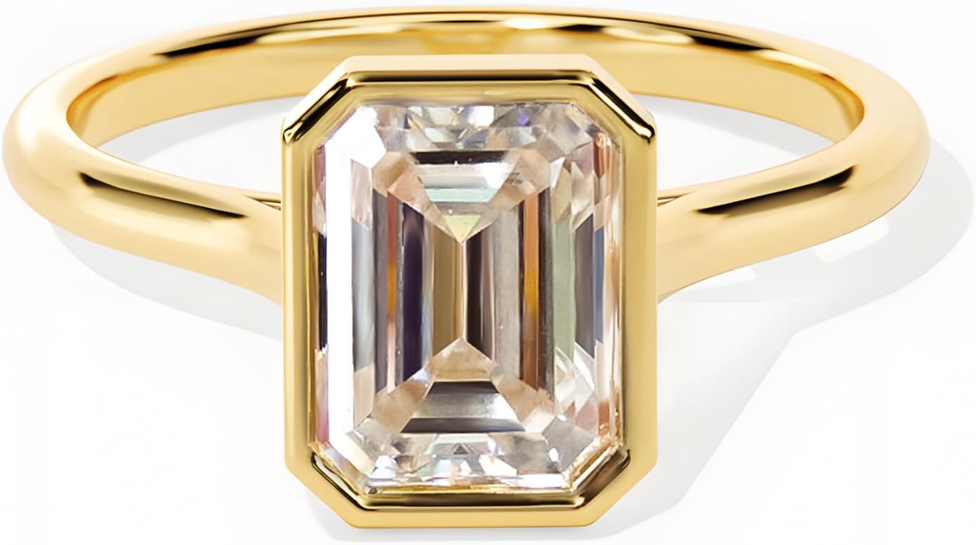 2CT Emerald Cut Moissanite engagement Ring for Women - GRA Certified D Color VVS1, 14K Gold Plated Sterling Silver bezel set moissanite Promise Ring