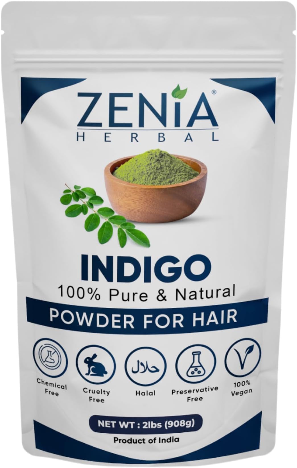 Zenia Indigo Powder (Indigofera Tinctoria) | Hair/Beard Dye Color 2lbs (908g) | 100% Pure & Natural | No Preservatives