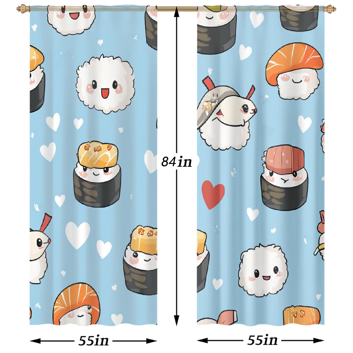 Set di 2 tende semi-velate, 140 x 213 cm, graziose tende per finestra, stile sushi, stile giapponese kawaii, con tasca per asta, per camera da letto e soggiorno