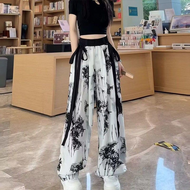 2024 Chinese Style Ink and ice Silk Wide Leg Pants, Summer Wide Leg Pants, Women's Casual Ribbon Leg mop Pants3