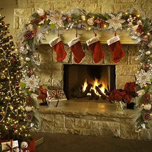 Gold Pre-lit Christmas Garland with Lights, 6 FT Lighted Xmas Garland with Golden Brown Bow-Knot Ball Decorations, Window Front Porch Door Fireplace Mantle Banister Decorations