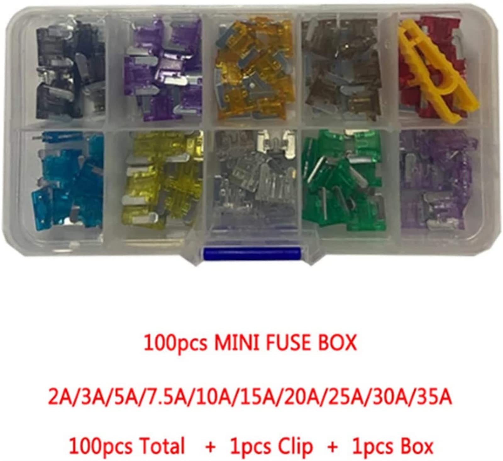 Mini fusibles for Coche de 150/100/50 Uds. con Surtido de Clip de Caja 2A/3A/5A/7.5A/10A/15A/20A/25A/30A/35A, Juego de fusibles Tipo microcuchilla automático for camión(100pcs with Box)