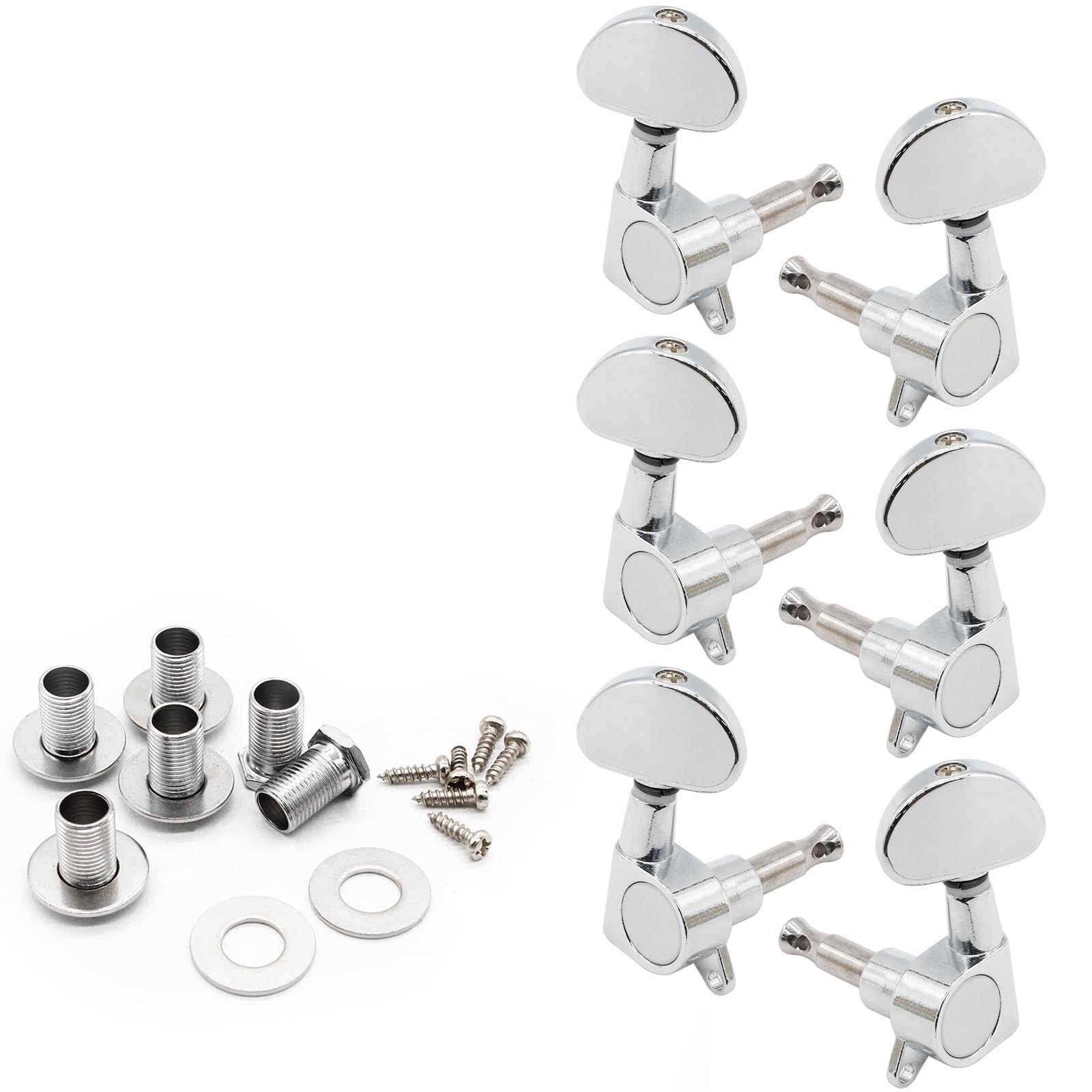 Hordion 6Pcs 3+3 Guitar Tuning Pegs, Chrome Guitar Tuners Machine Head Knobs, String Tuning Keys Set for Acoustic or Electric Guitar (Silver, 3 Left + 3 Right)