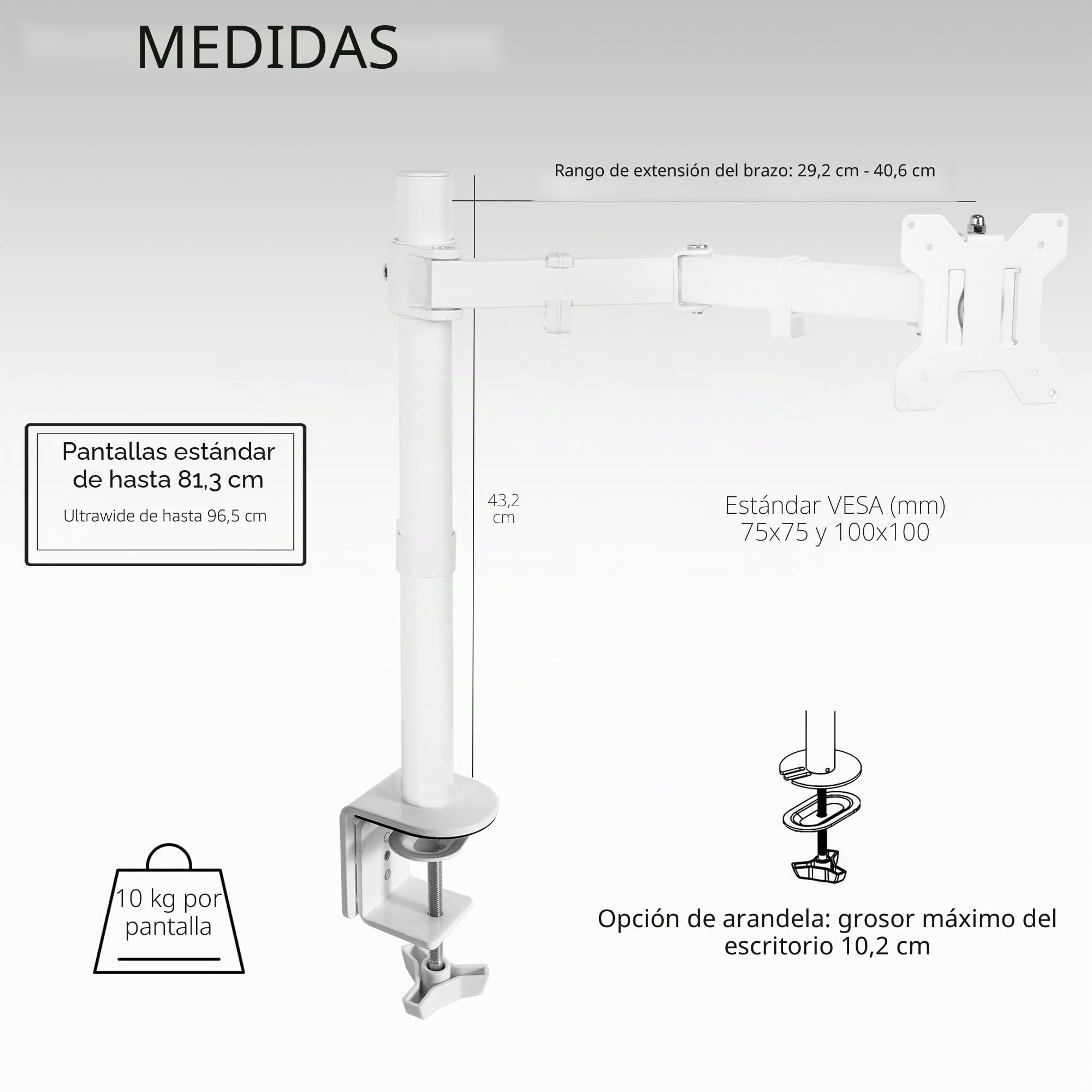 Vivo STAND-V001W Soporte de Escritorio con Brazo para Monitor 32 Pulgadas y 38 Pulgadas Ultraancho, Abrazadera en C, VESA 75x100 mm, Blanco