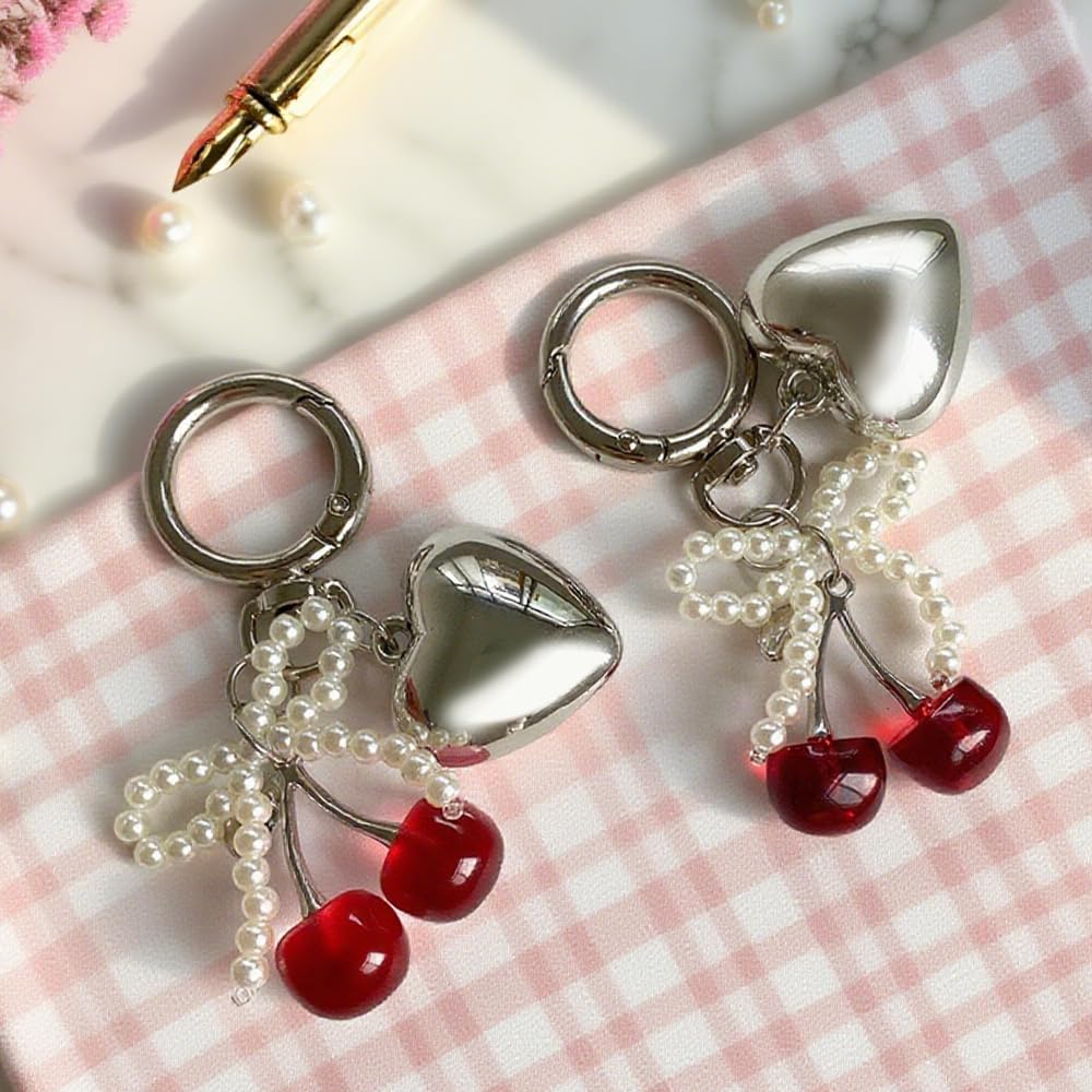 Red Cherry Bow Pearl Heart Keychains for Women Kawaii Keychain Accessories Backpack Tote Bag Charms for Handbags Cute Key Chain for Backpacks Key Chains for Car Keys Aesthetic Metal Purse Keychain - Image 7