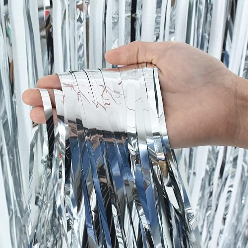 Miniatura 3 de TONIFUL 2 cortinas de flecos metálicos plateados de oropel de 3.28 x 9.84 pies, cortina de fondo para cabina de fotos, accesorios de cabina de