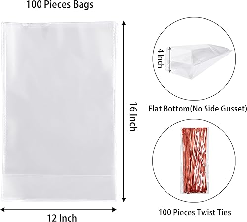 Miniatura 2 de Morepack Bolsas grandes de celofán de fondo plano, 100 bolsas de regalo de celofán de fondo plano transparente de 12 x 4 x 16 pulgadas con lazos
