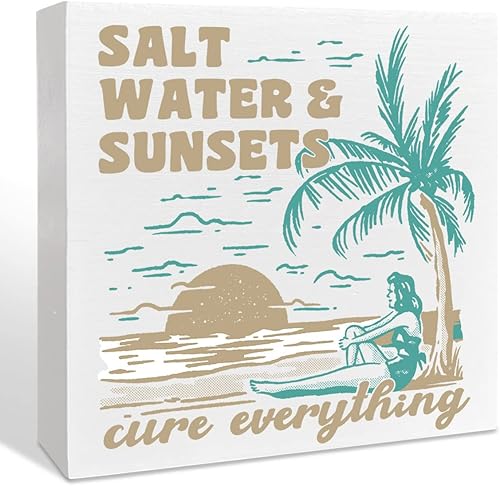 Letrero de caja de madera de playa de granja, agua salada y atardeceres, decoración de playa de verano para el hogar, dormitorio, baño, decoración
