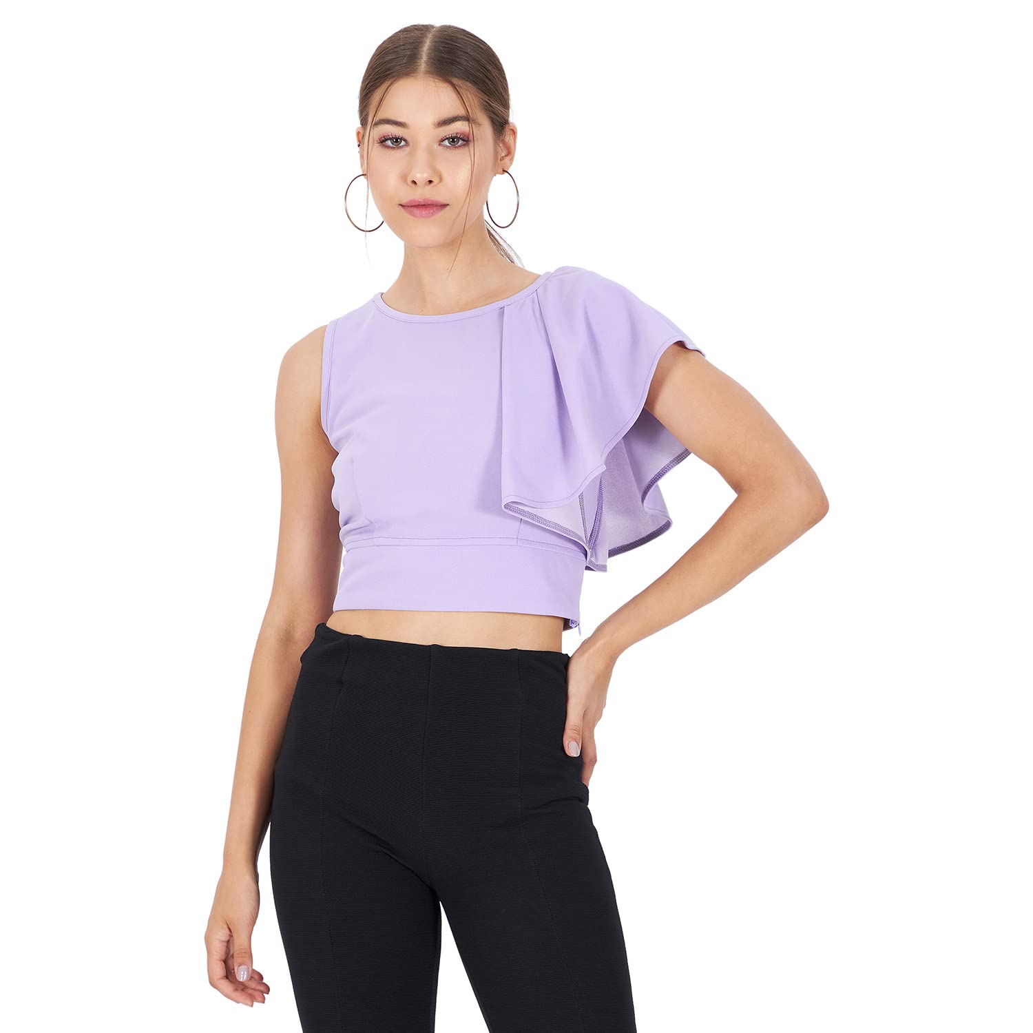 eiko Spandex Lilac One Sided Flared Crop Top for Women-picture-44