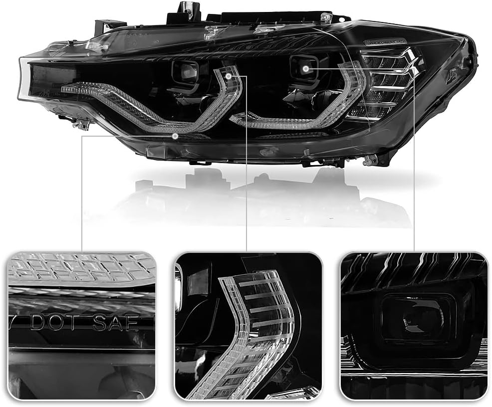 ACANII - For [Halogen Type] 2012-2015 BMW F30 320i 328i 335i Sedan DRL Tube Full LED Projector Headlights Headlamps Pair