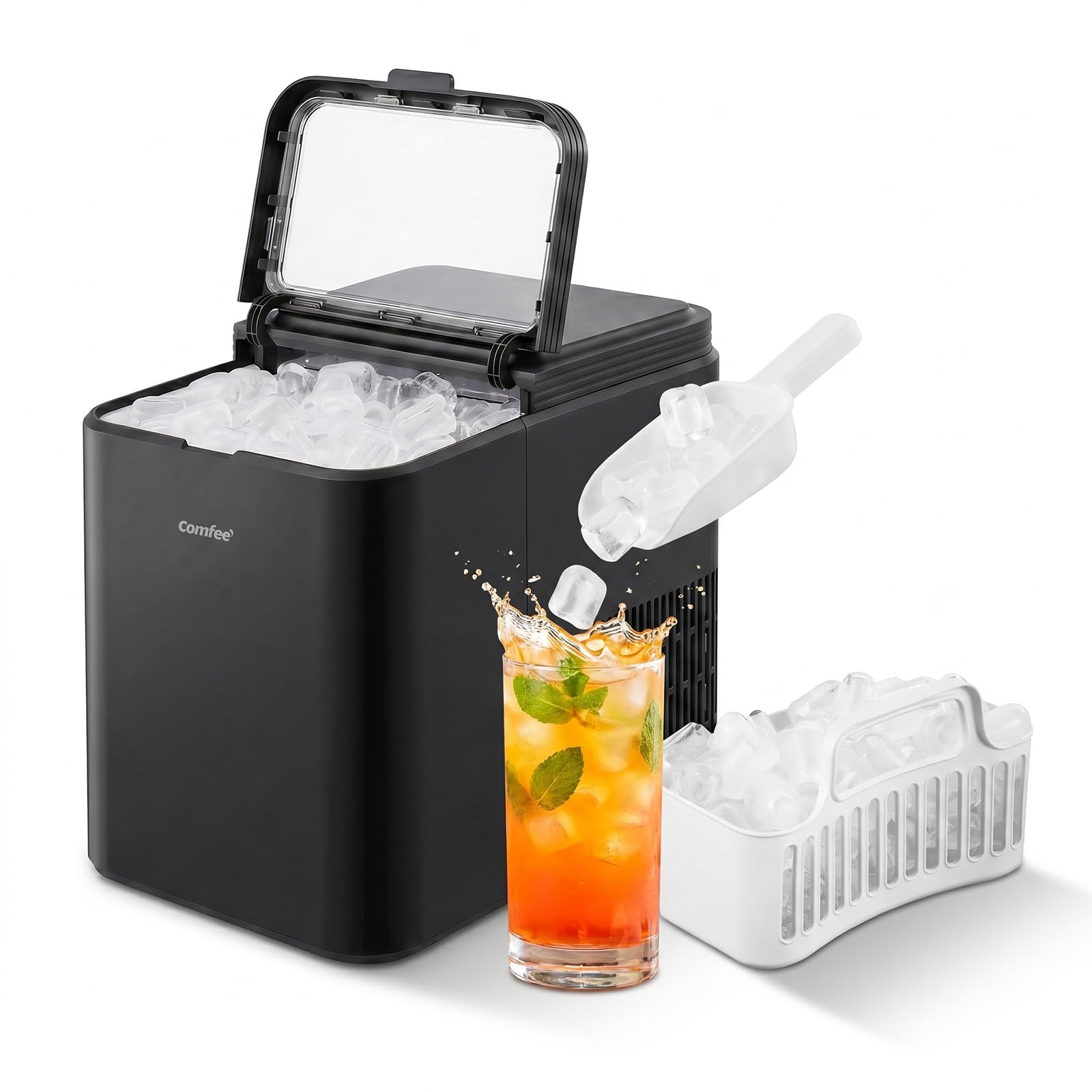 Comfee' RCI12BL1EU(E) Eiswürfelmaschine, 8 Eiswürfel in 6 Min.,12 kg/24 Std.,1,3L Wassertank, Selbstreinigungsfunktion, Kompakter Bullet Ice Maker, inkl.Eisschaufel & Korb für Zuhause– Schwarz