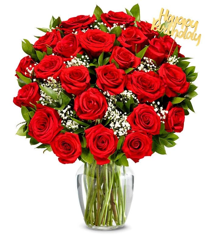 From You Flowers - Two Dozen Red Roses with Birthday Pick with Glass Vase