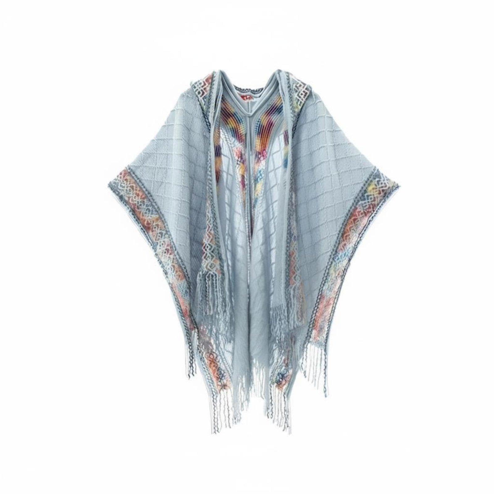 Ethnic Hooded Cape for Women, Pullover Shawl, Travel Scarf, Tassel Design, Multi-Color, Autumn Light Blue|Clothing Shoes & Accessories| Womens Accessories| Scarves & Wraps-image-17