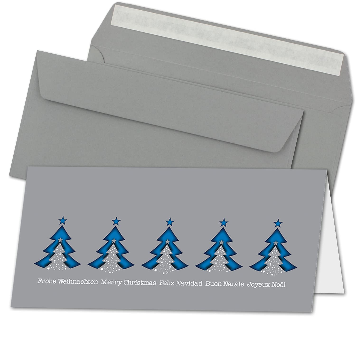 Juego de 75 tarjetas de Navidad DIN largo en gris con abeto azul y texto – Tarjetas plegables con sobres DIN largo gris con adhesivo – saludos de Navidad para empresas y privadas