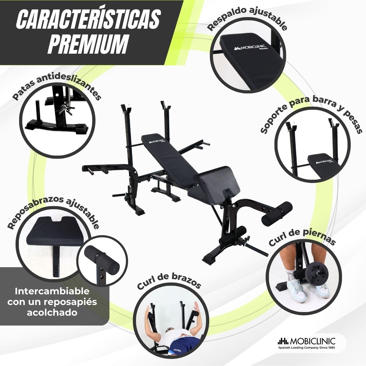 Mobiclinic® fitness, Banco de musculación multifuncional, Pressfit, Ajustable, Plegable, Acero, Soporta hasta 250 kg, Soporte para barras, Ideal ejercicios fuerza en casa