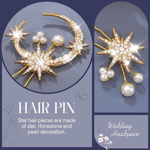 Miniatura 4 de Kilshye Star Bride - Horquillas para el pelo de boda con luna dorada, accesorios para el cabello de perlas para mujeres y niñas (paquete de 4)