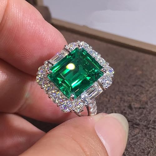 5ct Emerald Square Ring for Women 925 Sterling Silver Green Ring for Women Promise Ring for Her Cubic Zirconia Cocktail Rings CZ Diamond Engagement Ring Anniversary Valentine's Day Size 6-10（7）