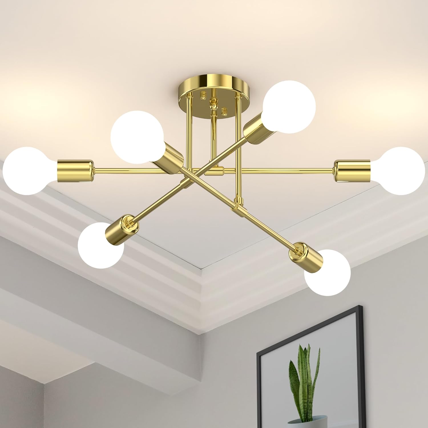 Modern Sputnik Chandelier Ceiling Light Fixtures, 6-Lights 22” Mid Century Industrial Metal Semi Flush Mount for Dining Room, Bedroom, Living Room-Gold Gold?6-Light?