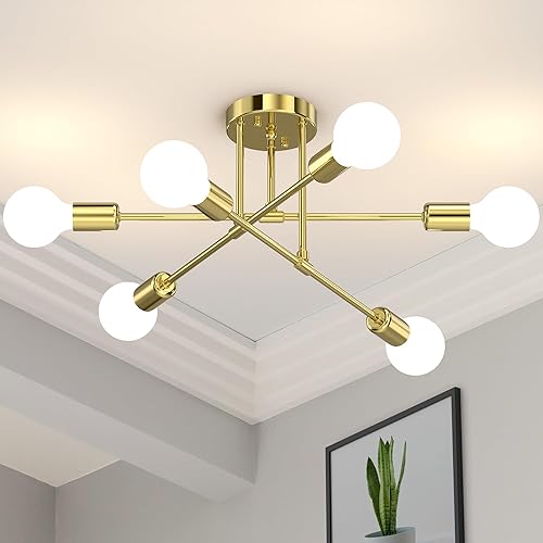 Moderna lámpara Sputnik de techo, 6 luces de 22 pulgadas, de metal industrial de mediados de siglo, montaje semiempotrado para comedor, dormitorio,