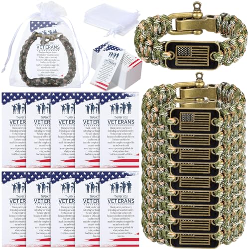 Tondiamo 10 Set Veterans Day Paracord Bracelet for Men Military Army Tactical Survival Bracelet with Bronze USA Flag with Memorial Day Card Bulk Organza Bag