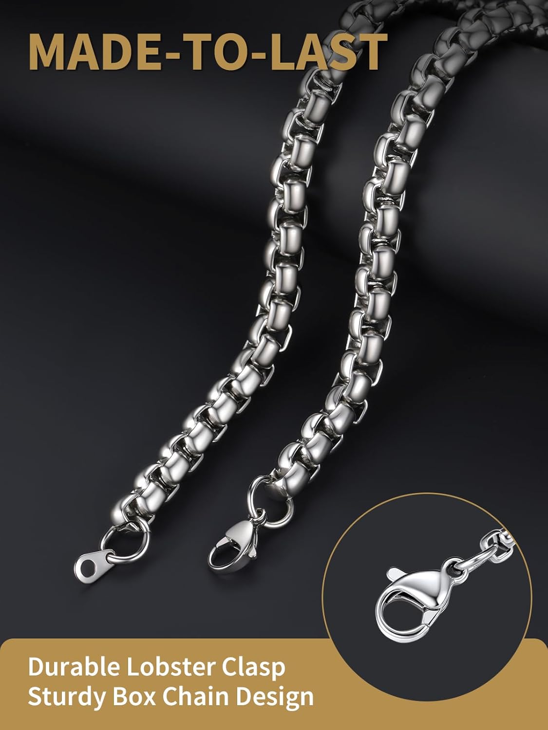 FindChic Stainless Steel Square Box Chain for Men | Silver/Gold/Black Rolo Necklace for Pendant | 2mm/3mm/6mm/8mm Width | No Tarnish, Hypoallergenic Hip Hop Jewelry with Gift Box | 18"-30" Length